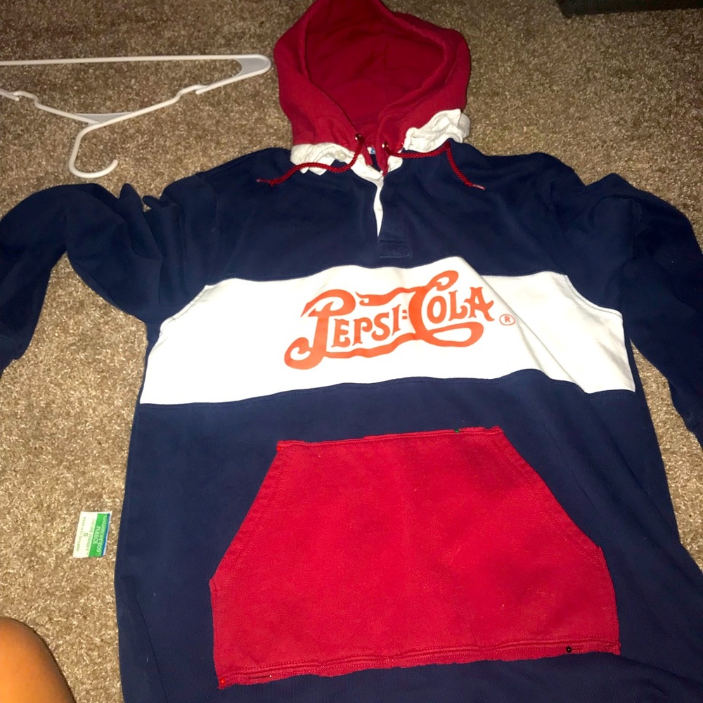 Pepsi Cola henley long sleeve shirt with hand sewn hoodie and pocket